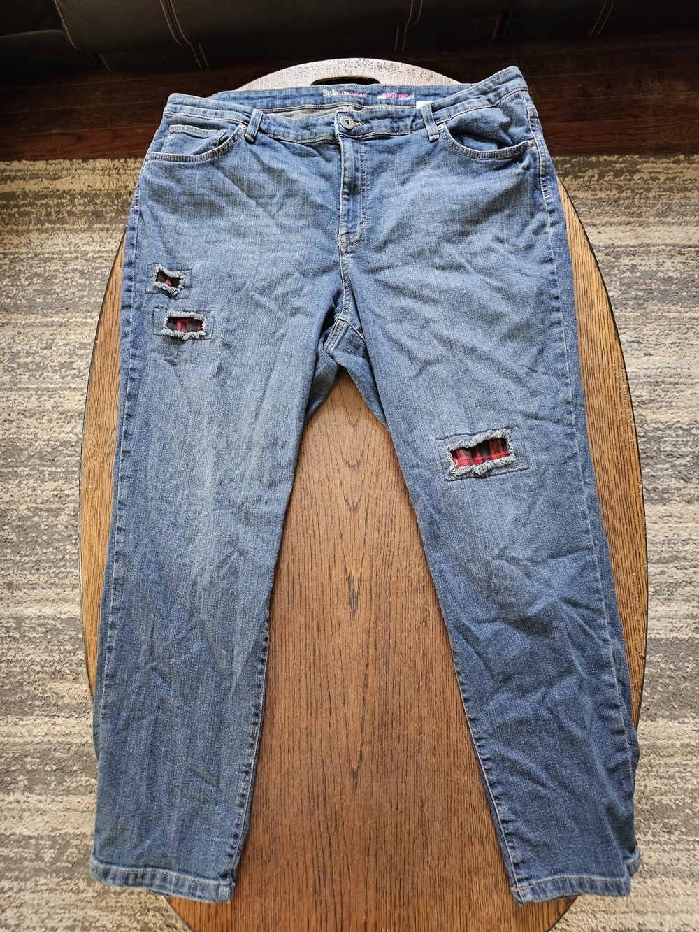 Style & Co Blue Distressed Boyfriend Jeans  Plaid Patch Detail Size Women 20W